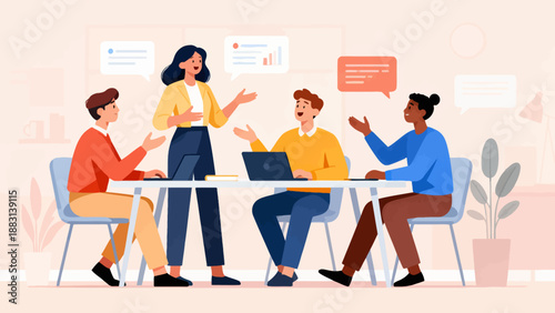 A group of people are sitting around a table, with a woman standing in front of them. They are all smiling and seem to be having a good time. The table is covered with laptops and books