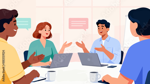 A group of people are sitting around a table with laptops and cups. They are having a meeting and discussing ideas