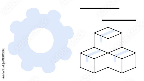 Gear mechanism beside stacked boxes, symbolizing logistics, supply chain, teamwork, automation, manufacturing, productivity, and distribution. Ideal for workflow concepts simple flat metaphor