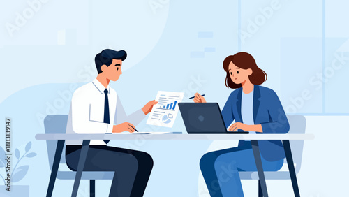 Two people are sitting at a table with a laptop and a piece of paper. One of them is writing on the paper. Scene is professional and focused