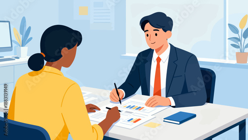 A man and a woman are sitting at a desk with a man writing on a piece of paper. The man is wearing a suit and tie, and the woman is wearing a yellow shirt. They appear to be in a professional setting