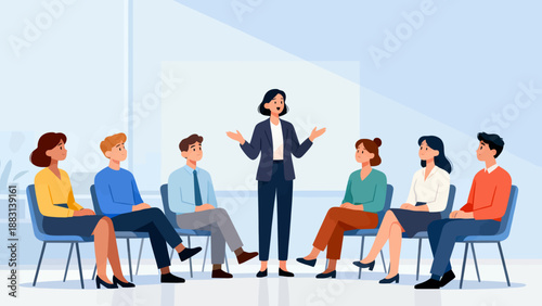 A woman is standing in front of a group of people, giving a presentation. The group of people are sitting in chairs, listening to her. Scene is professional and informative