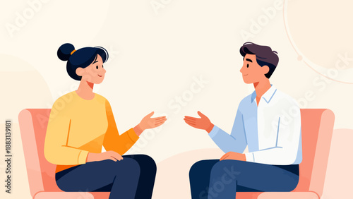 Two people are sitting on a couch and talking to each other. The man is wearing a white shirt and the woman is wearing a yellow shirt. Scene is friendly and casual