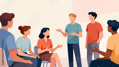 A group of people are sitting in a circle and talking to each other. Scene is friendly and social