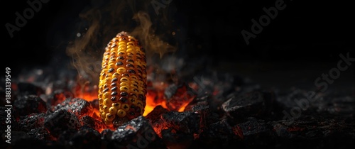 Grilled corn with blackish yellow hues over hot coals