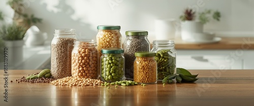 Set of legumes and beans in jars: dried, raw, and fresh options like lentils, chickpeas, mung beans, soybeans, edamame, and peas
