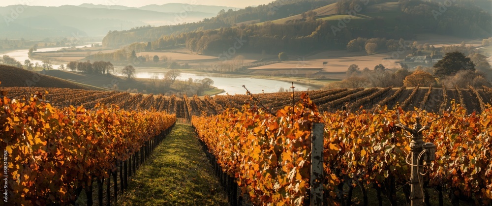 Fototapeta premium Early autumn vineyard scenery near Muden in Mosel valley featuring summer, travel, nature, trees, landscape, leaves, garden, tea background