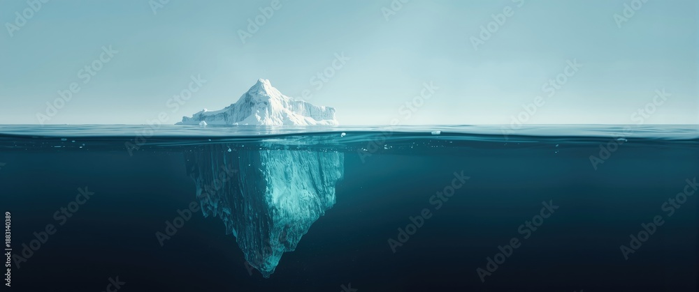 Fototapeta premium Beautiful white iceberg seen underwater in the ocean - Tip of the iceberg, revealing hidden threats under melting glaciers