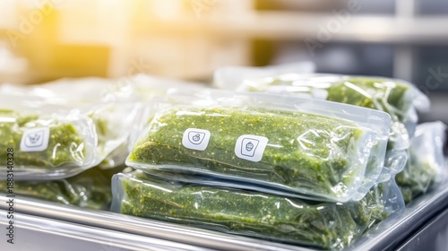 Piles of sealed sterile nutrient paste pouches filled with green food are stacked and ready for storage or distribution