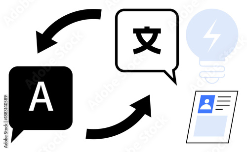 Language translation. Visual elements of speech bubbles and arrows depict translation between languages. Language translation supports communication, learning, and global interaction. For apps