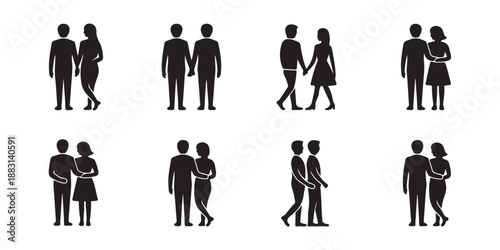 Couple silhouette collection showing man and woman holding hands walking together hugging embracing and romantic partners standing in various poses for relationship and family concepts