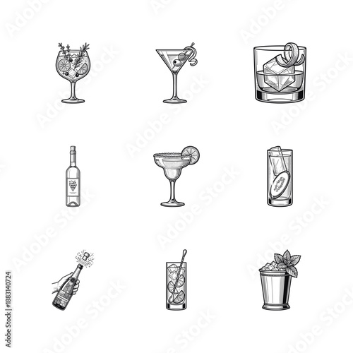 Vintage Engraving Style Hand-Drawn Cocktails and Barware Graphic Element Sheet for High-End Restaurant Menu Design