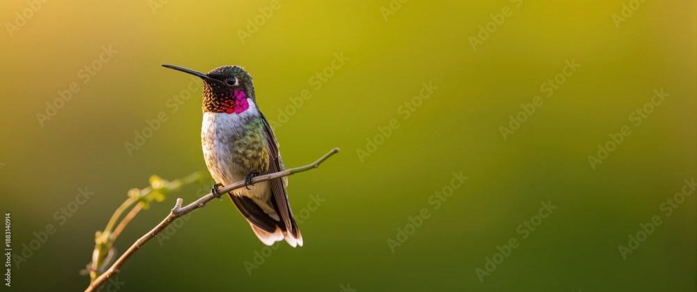 Naklejka premium In Victoria, British Columbia, Little Anna's hummingbird perches on a twig with fluffily covered feathers during late afternoon light
