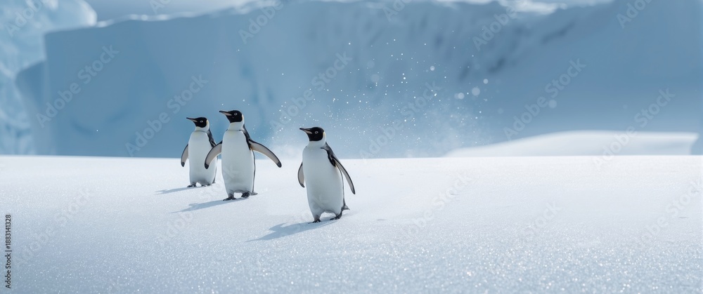 Obraz premium Penguins with chinstraps descending the snow in a trio