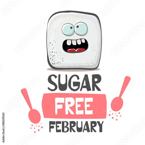 Sugar Free February vector illustration with a funny cartoon sugar cube character, creative healthy lifestyle banner for awareness month, diet promotion, and nutrition challenge.