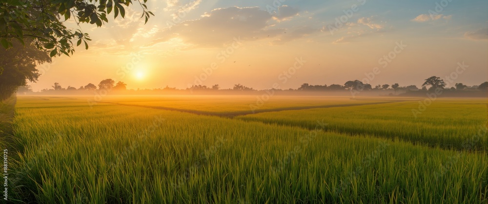 Fototapeta premium Beautiful green and yellow rice field during sunrise golden hour with sky, land, and autumn leaves