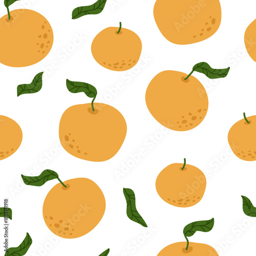 Vector seamless trendy pattern with mandarins and fresh leaves. Simple orange fruit print, cartoon background, fabric design, wrapping paper.