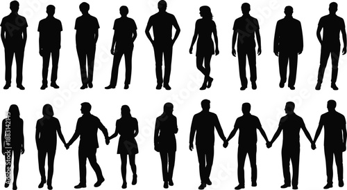 Set of 12 human silhouette icons showing individuals and couples standing and holding hands, ideal for lifestyle and social themes.