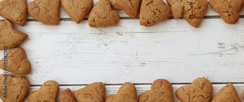 Gingerbread cookies in the shape of hearts placed on white wooden background, celebrating Valentine's Day, 8 March, Birthday
