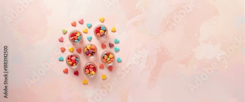 Heart-shaped colorful candies in small glass containers, perfect for Valentine's Day and Mother's Day greetings, invites, or any sweet event. These adorable sweets include ample room for your