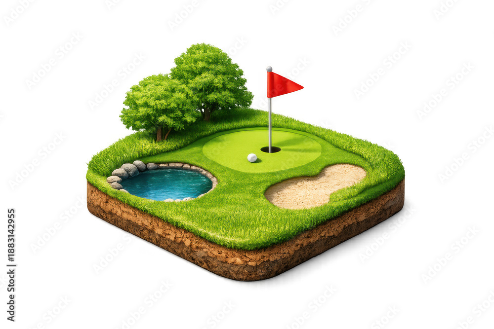 Fototapeta premium Isometric golf course hole with green, sand trap, pond, and red flag. Mini landscape design on transparent background