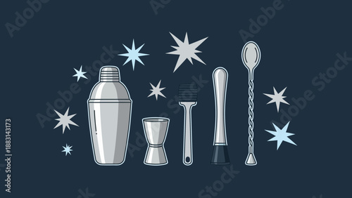 Mixology Equipment Surrounded by Sparkles on a Moody Navy Background
