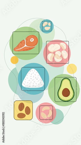 Nutrition Illustration Showcasing Healthy Foods and Culinary Components on Vibrant Background