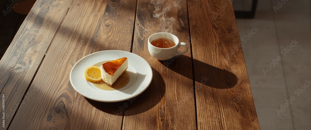 Fototapeta premium A piece of Basque Cheesecake from San Sebastian served with lemon and tea on a table