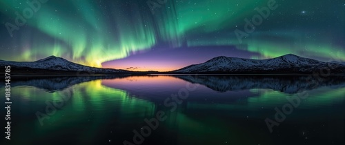 Panel kuchenny z motywem Reflection of Aurora northern lights on mountain lake during sunset at Thingvellir, Iceland