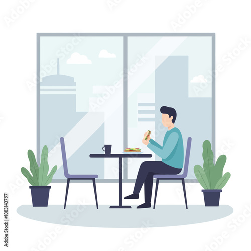 Modern Illustration of Man Enjoying Lunch at Table with Skyline View Through Large Window