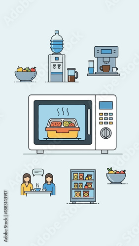 Modern Office Lunchtime Essentials Depicted With Colorful Illustrations And Simplified Designs