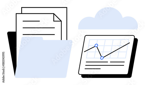 Folder containing documents beside a chart with graph lines and cloud symbol. Ideal for productivity, data storage, analytics, teamwork, organization, technology, scalable business solutions. Simple
