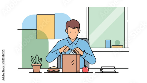 Office Worker Preparing Lunch at Desk in Modern Flat Illustration Style
