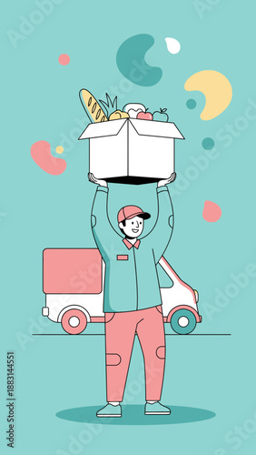 Online Grocery Delivery: Courier Carries Fresh Food Box, Expressing Swift And Timely Logistics