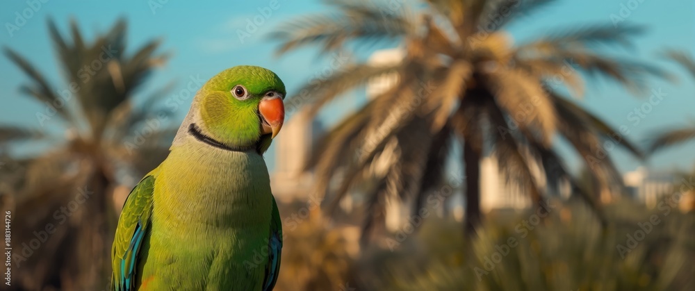Fototapeta premium Photograph of a female Ringnecked Parakeet in Dubai, UAE