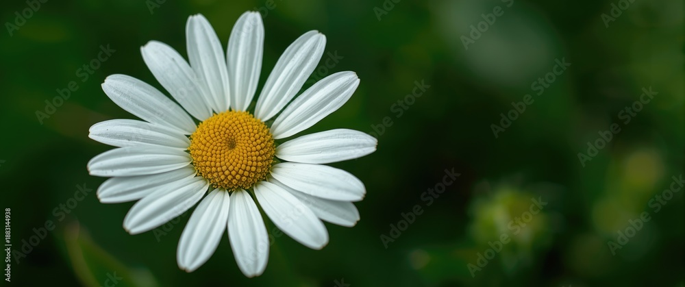 Fototapeta premium Extreme macro shot of chamomile flower showing white petals and yellow center against green leaves