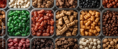 Different colored and shaped candies and snacks showcased in clear plastic containers