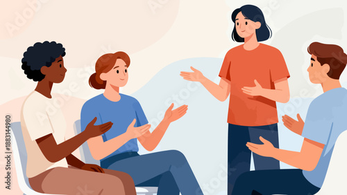 A group of people are sitting together and talking. The woman in the orange shirt is the center of attention