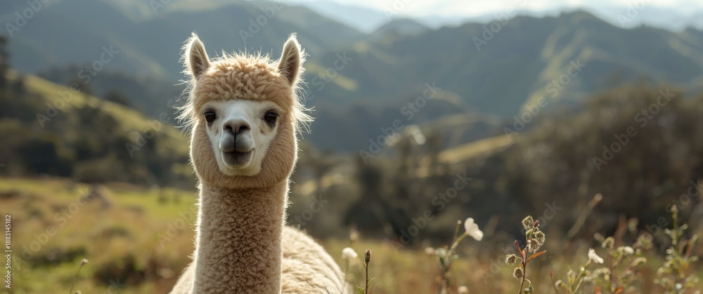 Fototapeta premium Comical alpaca with background scenery