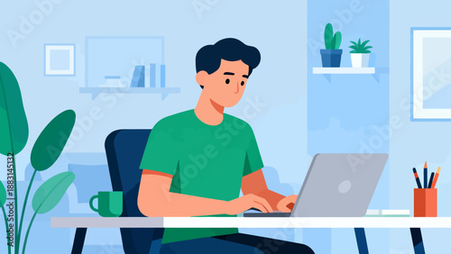 A man is sitting at a desk with a laptop and a cup of coffee. He is typing on the laptop and he is focused on his work. Concept of productivity and concentration