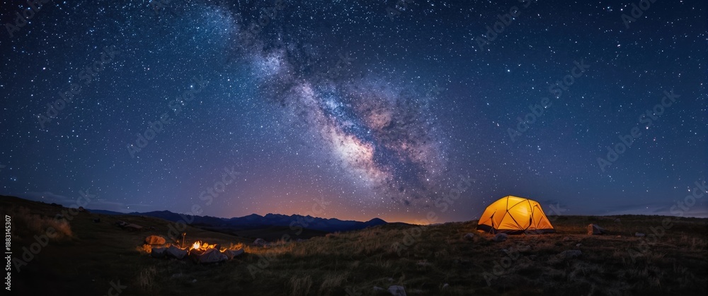 Fototapeta premium Beautiful view of starry night sky and Milky Way above grassy hill with illuminated camp tent and campfire, related to hiking and night camping