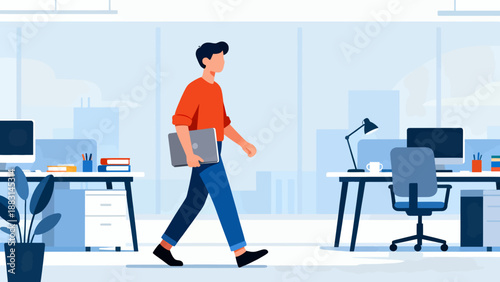 A man walks through an office with a laptop in his hand. The office is clean and organized, with a potted plant and a few books on a desk. The man is focused on his work