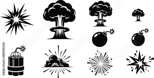 Aerial bombs explosions and explosive devices vector icons set. 