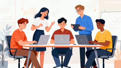 A group of people are sitting around a table with laptops open. They are working together on a project