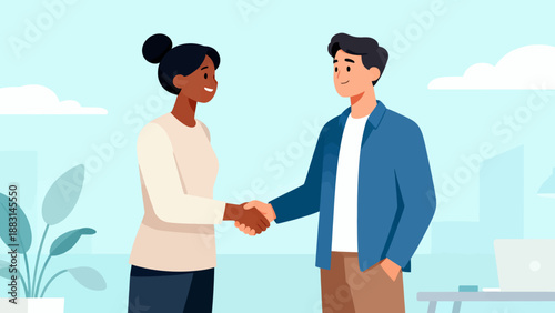 A man and a woman shake hands in a business setting. The man is wearing a blue jacket and the woman is wearing a white shirt. The scene is set in a room with a laptop on a desk