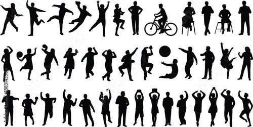 Set of diverse human activity silhouette icons showing movement, sports, gestures, and poses, ideal for lifestyle and animation themes.