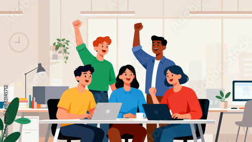 A group of people are working together in a cubicle. They are all smiling and celebrating. Scene is positive and happy