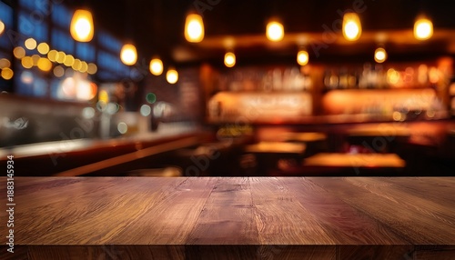 Empty Dark Wooden Table Top On Blurred Bar Or Restaurant Background With Warm Lighting Banner With Copy Space Template Showcase Scene For Display Montage Advertising Product