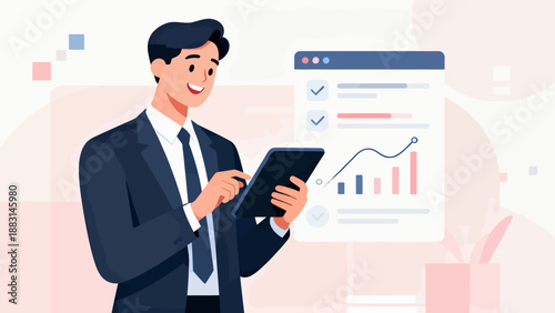 A man in a suit is using a tablet to look at a graph. Concept of professionalism and focus, as the man is likely analyzing data or information related to his work