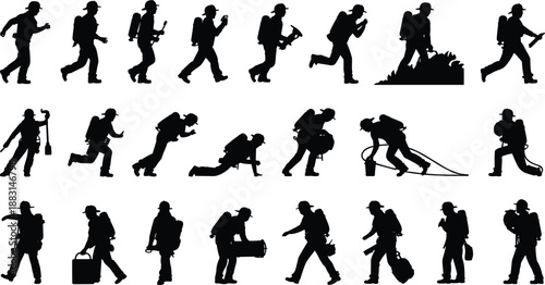 Set of firefighter silhouette figures in action poses, black emergency responders carrying hoses and tools, isolated rescue and fire service characters for safety design
